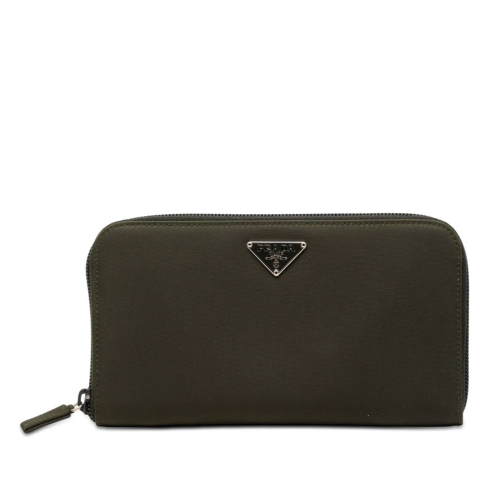 Prada Long Wallet (Bi-Fold) Nylon: Prada Long Wallet (Bi-Fold) Nylon Dark green nylon bi-fold wallet from Prada, measuring 10cm x 18.5cm x 1.8cm, offering a compact and stylish storage solution. The nylon material provides a durable