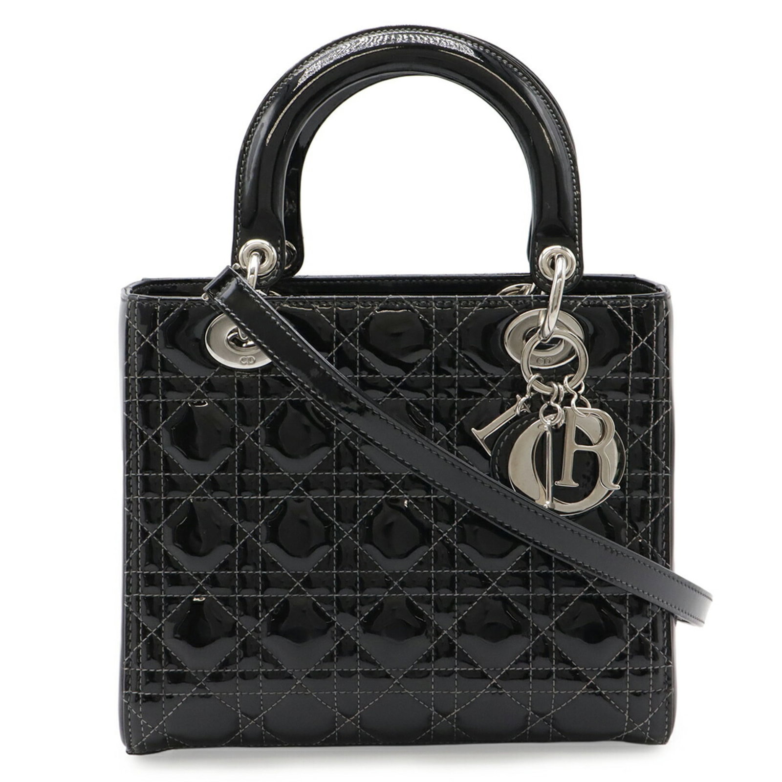 Patent Leather Shoulder Bag Christian Dior: Patent Leather Shoulder Bag Christian Dior Patent leather shoulder bag from Christian Dior's Lady Dior line, featuring a sleek black, gray, or pink finish. This stylish bag measures 20.5cm x 24cm x