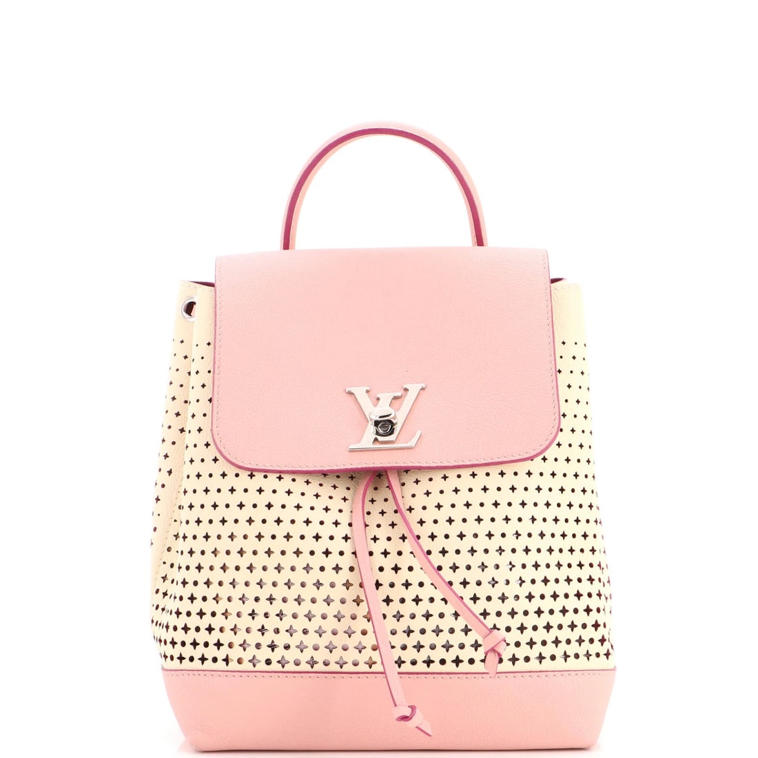 Lockme Backpack Louis Vuitton Perforated Leather: Lockme Backpack Louis Vuitton Perforated Leather The Lockme Backpack by Louis Vuitton boasts a striking perforated leather exterior in a unique pink hue, adding a touch of elegance to any outfit.