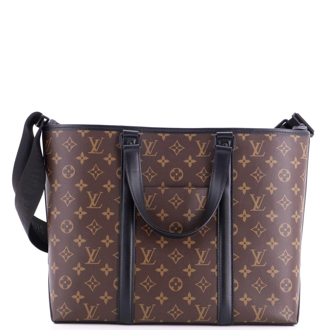 Monogram Canvas Weekend Tote Macassar Louis Vuitton PM: Monogram Canvas Weekend Tote Macassar Louis Vuitton PM Black Monogram Canvas PM Weekend Tote from Louis Vuitton, featuring a canvas-coated exterior with minor creases and scuffs. The PM style boasts