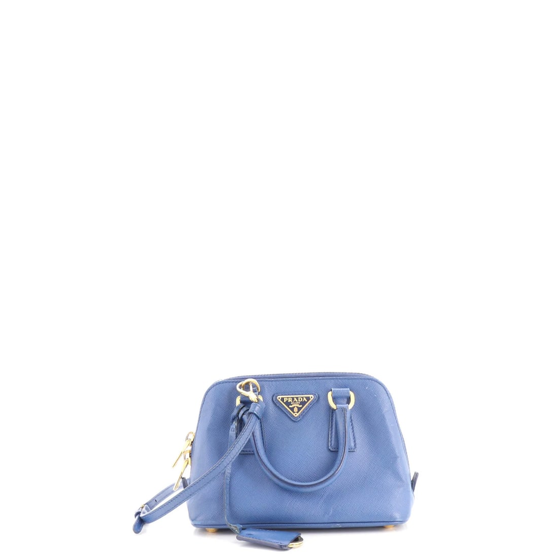 Bag Prada Promenade Mini Saffiano Leather: Bag Prada Promenade Mini Saffiano Leather The Prada Promenade Mini Saffiano Leather bag boasts a striking blue exterior with heavy scuffs and creases, adding a touch of worn elegance. This mini