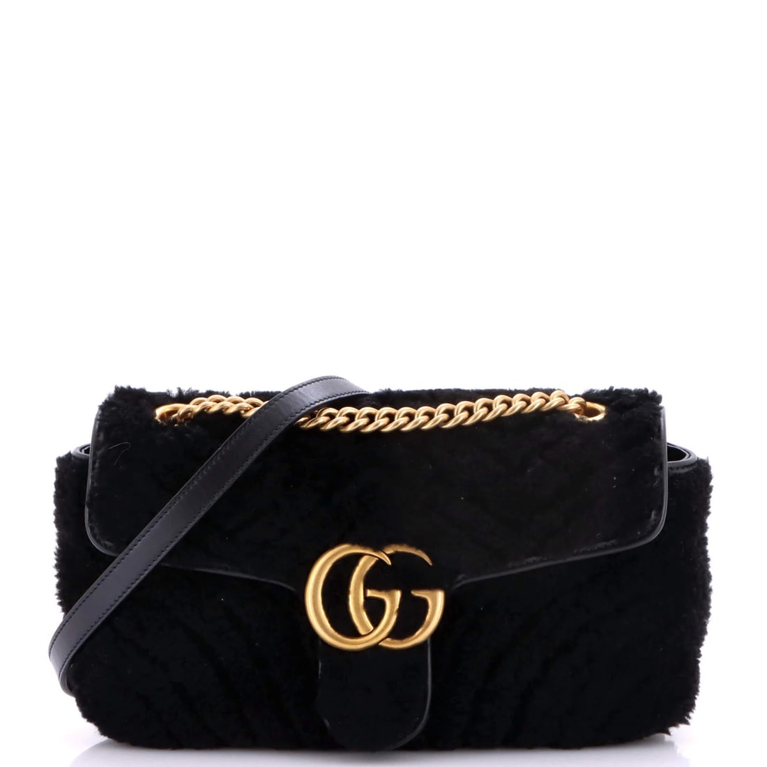 Gucci GG Marmont Shearling Bag Small Matelasse: Gucci GG Marmont Shearling Bag Small Matelasse Small Matelasse Shearling Bag with signature GG Marmont Flap, featuring a classic black shearling exterior and gold hardware, measuring 6" height, 10"