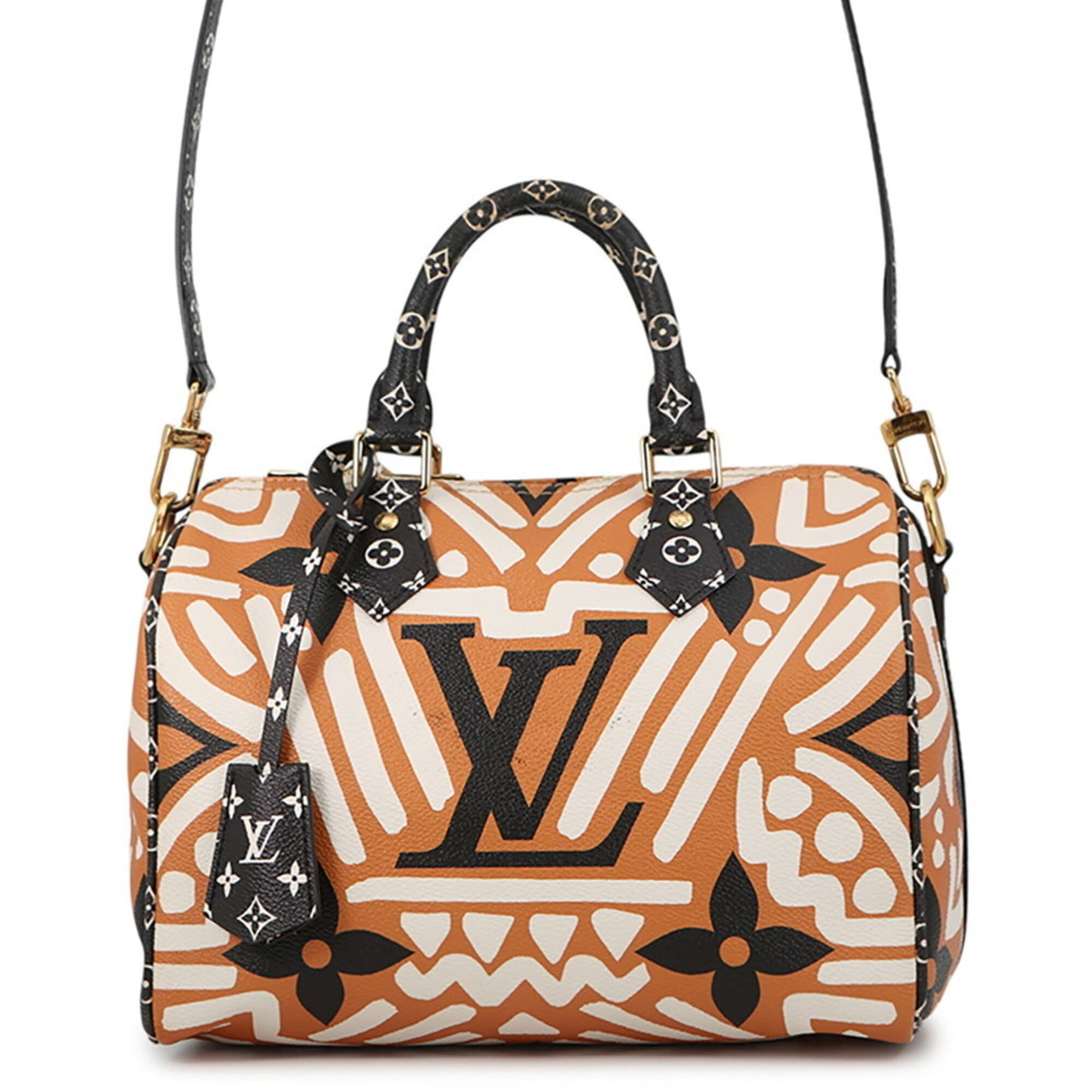 Louis Vuitton Monogram Handbag: Louis Vuitton Monogram Handbag Black Monogram Louis Vuitton Handbag with Gold Hardware. This 22.5cm x 25.5cm x 16cm handbag features the iconic Monogram pattern in black and orange, with gold-toned ha
