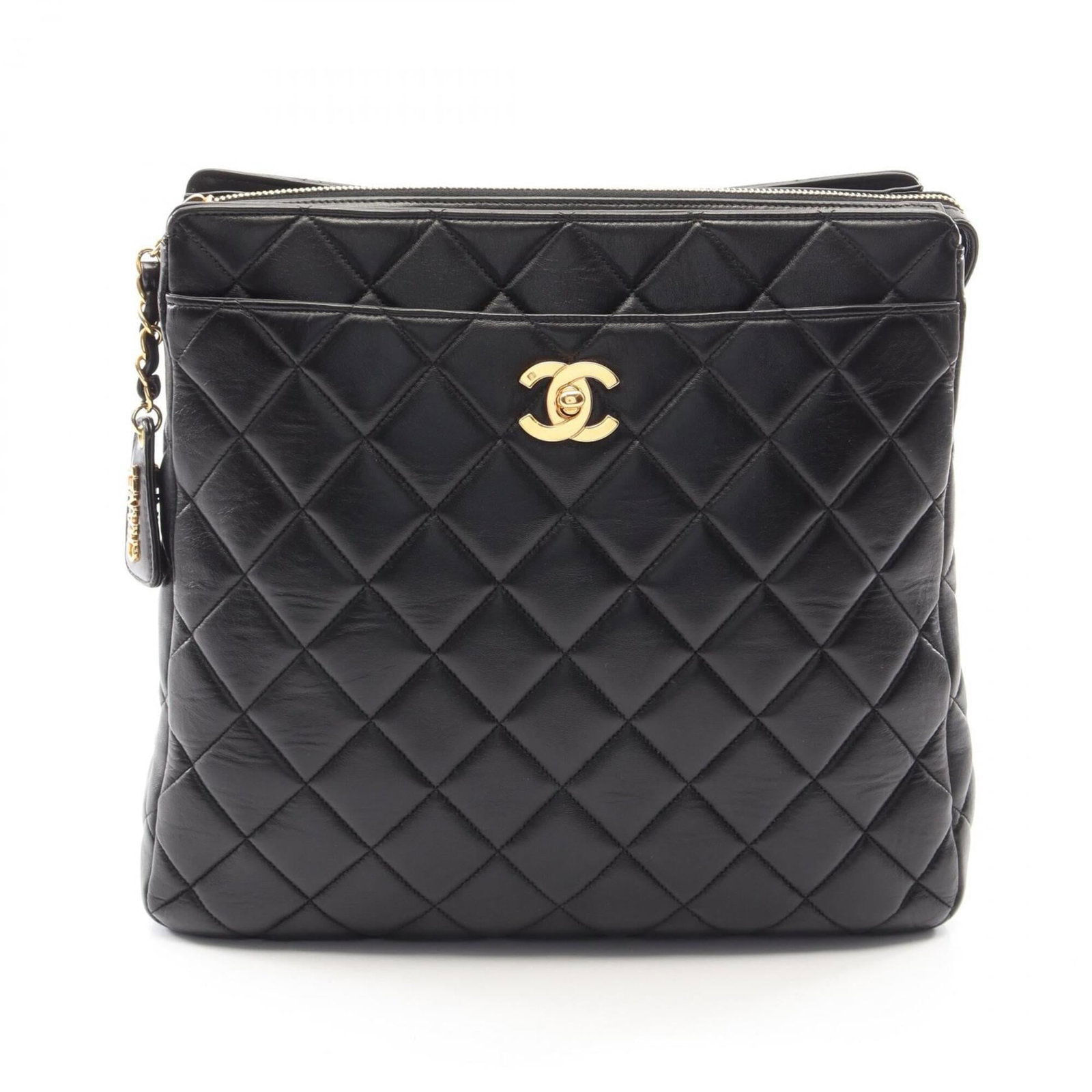 Backpack Leather By Chanel: Backpack Leather By Chanel Black lambskin backpack from Chanel, measuring 29cm x 31cm x 10cm. Made from high-quality leather, this stylish backpack features a classic design with clean lines and a