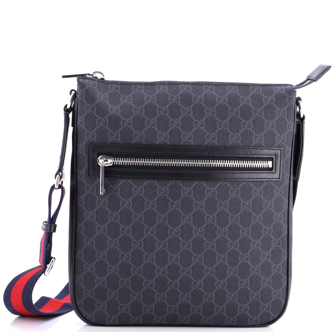 Gucci Web Strap Front Zip Canvas Medium Coated Messenger Bag GG: Gucci Web Strap Front Zip Canvas Medium Coated Messenger Bag GG Canvas Coated Gucci Web Strap Front Zip Messenger Bag in Black. This medium-sized messenger bag boasts a sleek web strap design and