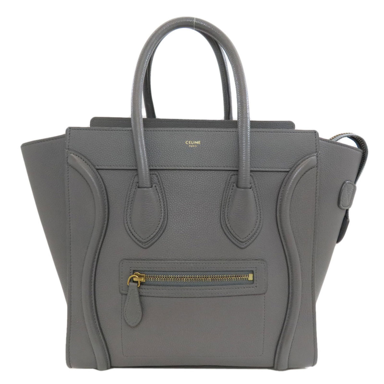 Celine Handbag Leather: Celine Handbag Leather Calfskin leather construction provides a luxurious feel and durability. The gray color offers a versatile and timeless look. Measuring 26.5cm x 40cm x 12cm, this Celine handbag