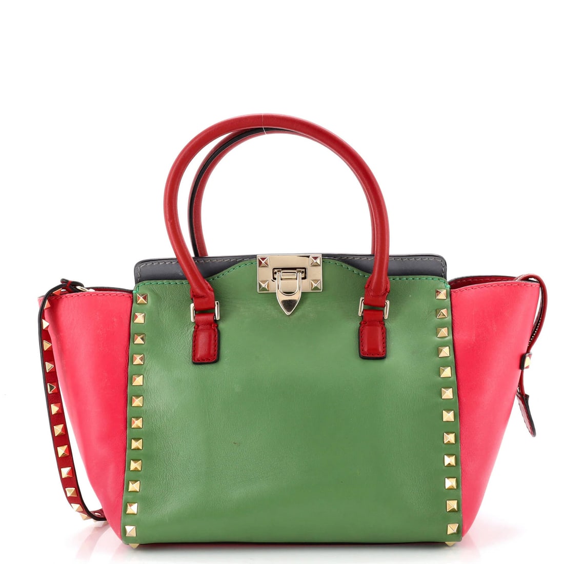 Tote rigid leather small Valentino Garavani Rockstud: Tote rigid leather small Valentino Garavani Rockstud Small Rigid Leather Valentino Garavani Rockstud Tote in Pink. This small, rigid leather tote features the iconic Rockstud design and measures 7.5"