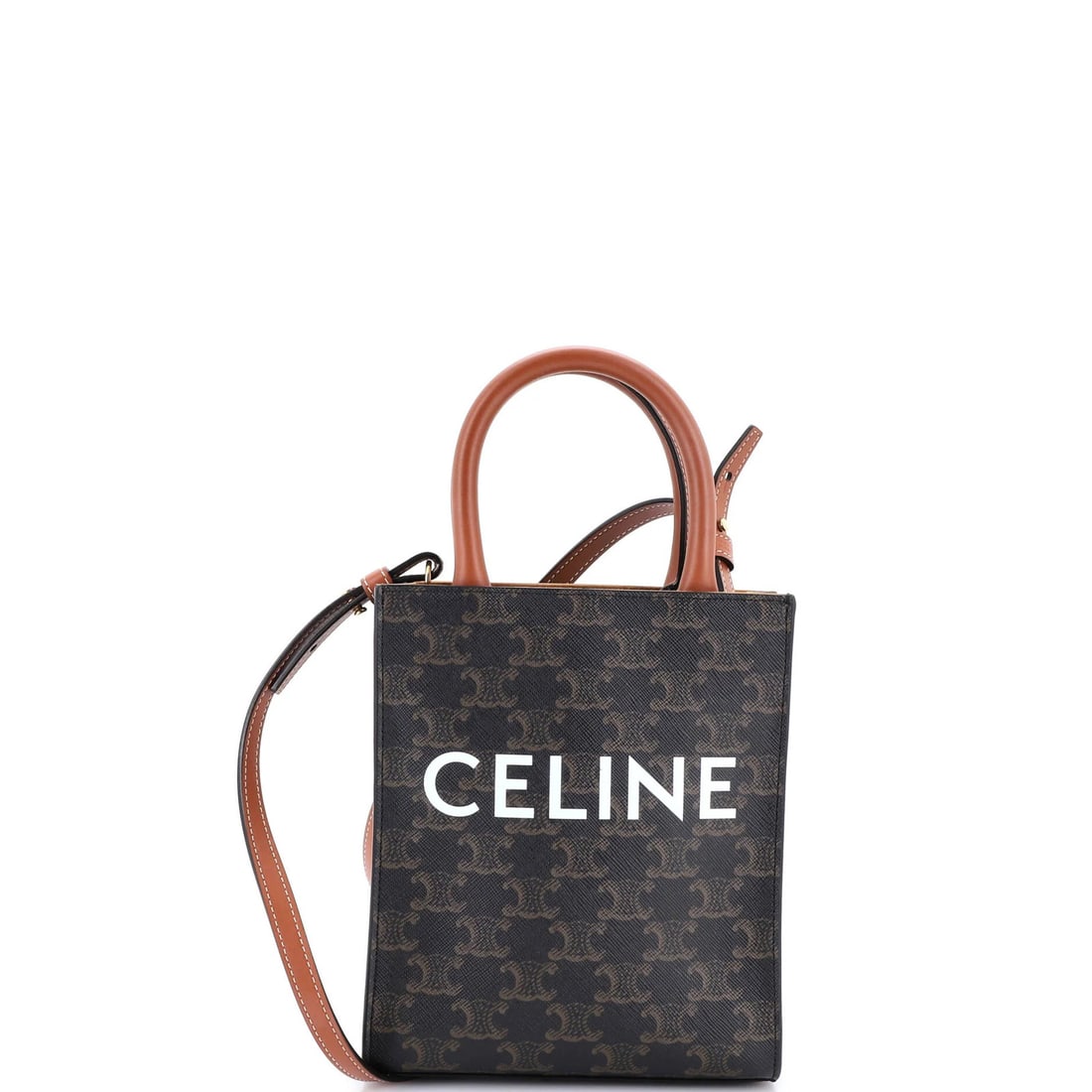 Vertical Cabas Tote Mini Triomphe Coated Canvas Celine: Vertical Cabas Tote Mini Triomphe Coated Canvas Celine Canvas Coated Mini Triomphe Vertical Cabas Tote from Celine features a brown exterior with white accents and gold hardware. The mini size and top