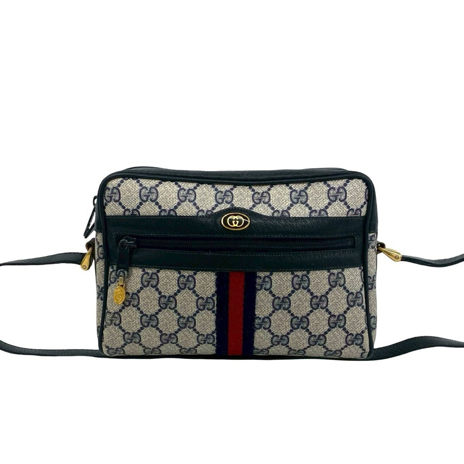 Shoulder Bag Leather Pvc Gucci: Shoulder Bag Leather Pvc Gucci Navy and red color options, a striking combination, make this Gucci shoulder bag stand out. Crafted from a blend of leather and PVC, its unique material mix adds a