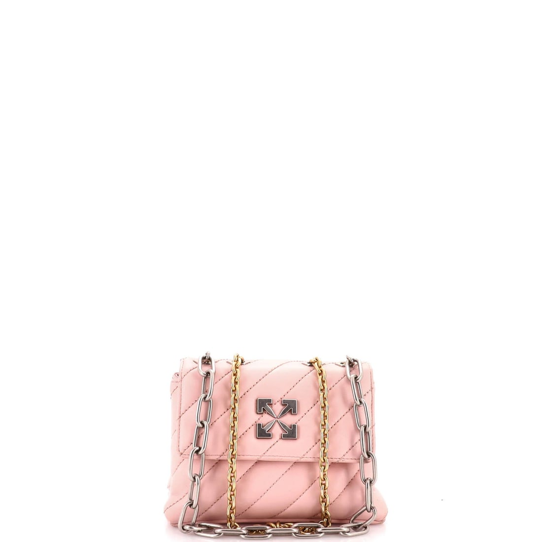 Quilted Leather Shoulder Bag 19 Off White: Quilted Leather Shoulder Bag 19 Off White The Off White Jackhammer Shoulder Bag features a striking pink quilted leather exterior, with a 19" size that measures 6" in height, 8" in width, and 5" in