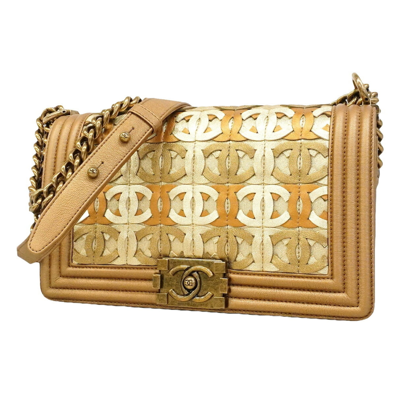 Shoulder Bag Leather Chanel: Shoulder Bag Leather Chanel Item Specifics: Brand: Chanel Type: Shoulder bag Material: Leather Color: Gold, Light brown Hardware Color: Gold Gender: Women Size (HxWxD): 17cm x 25cm x 7.5cm / 6.69'' x