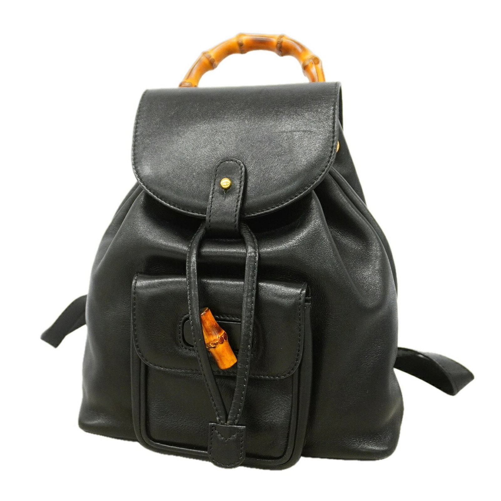 Backpack Leather: Backpack Leather Black leather backpack with gold hardware, measuring 24cm x 20.5cm x 7cm, making it a compact and stylish accessory. The sleek design and premium materials come together in this