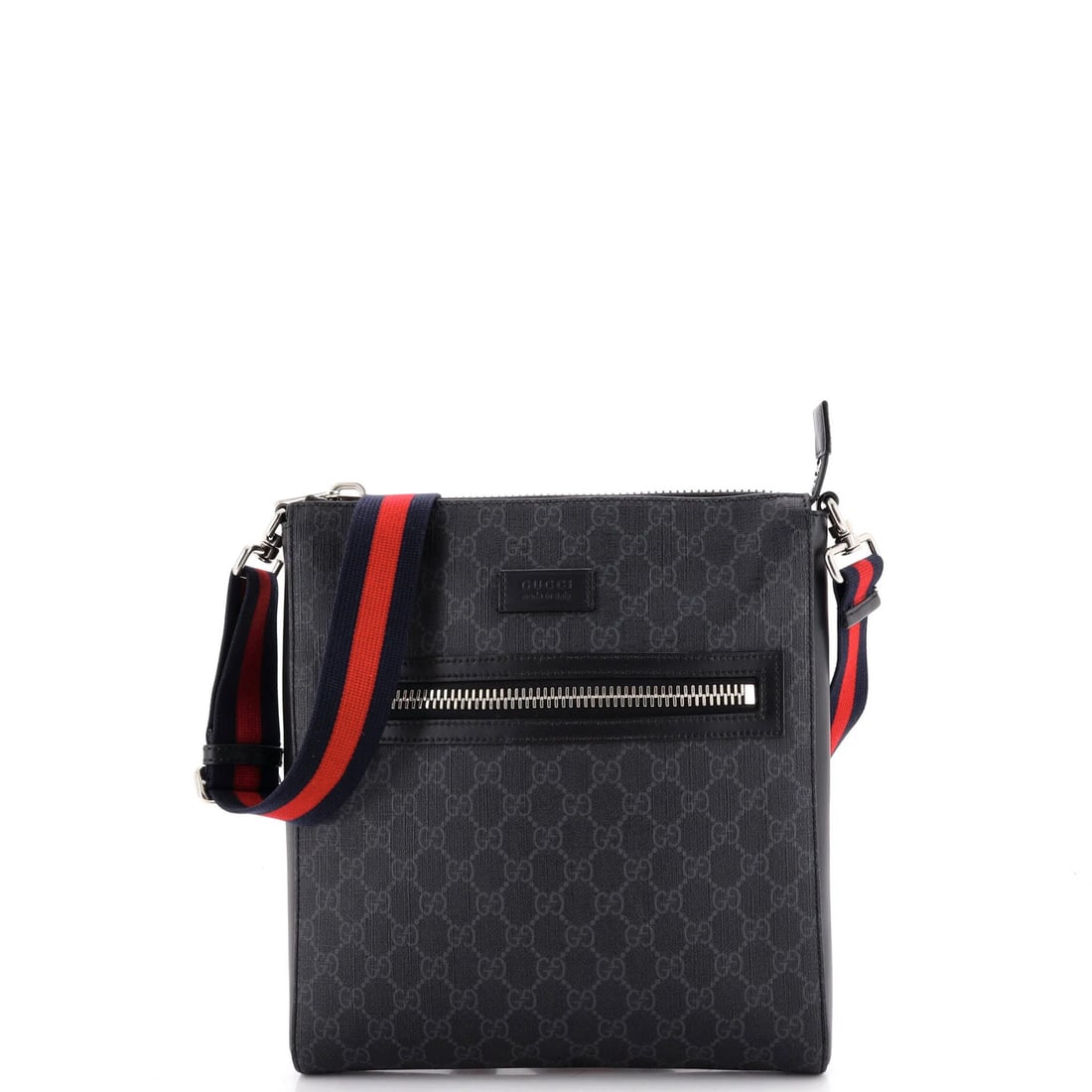 Gucci Web Strap Front Zip Canvas Medium Coated Messenger Bag GG: Gucci Web Strap Front Zip Canvas Medium Coated Messenger Bag GG Canvas Coated Gucci Web Strap Front Zip Messenger Bag in Black. This medium-sized messenger bag boasts a sleek web strap design and fron