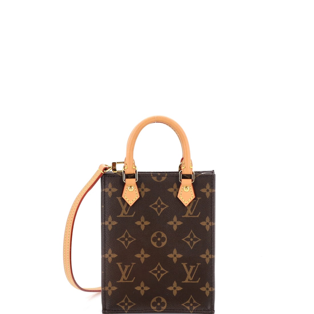 Sac Bag Monogram Canvas Petit Louis Vuitton: Sac Bag Monogram Canvas Petit Louis Vuitton Brown canvas coated Louis Vuitton Petit Sac Plat bag with gold hardware, featuring a classic monogram canvas design. The bag has a cross body style with a 2
