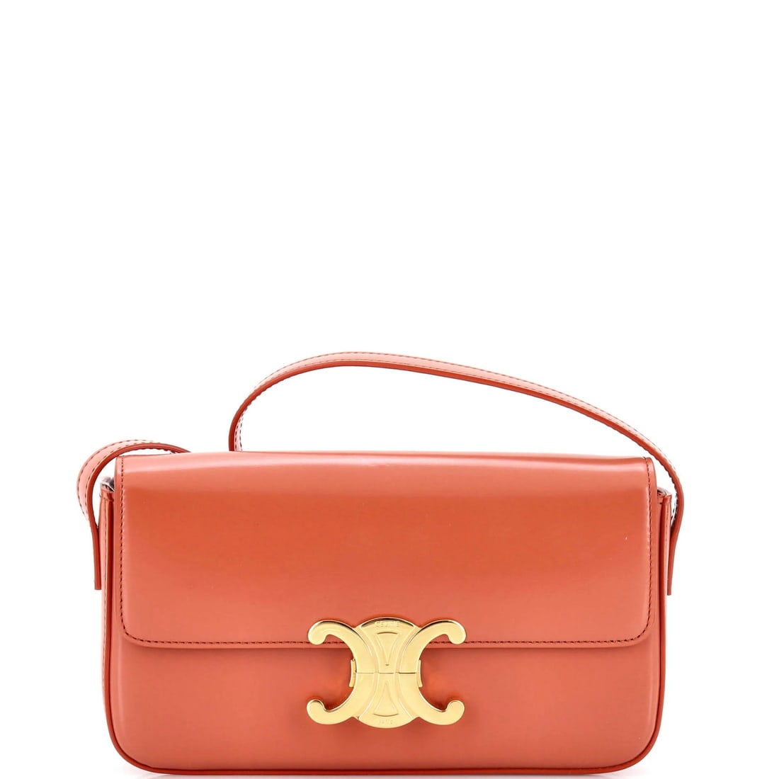 East-West Calfskin Shoulder Bag Smooth Celine Triomphe: East-West Calfskin Shoulder Bag Smooth Celine Triomphe Brown Celine Triomphe shoulder bag made from smooth calfskin leather, featuring a classic East-West design with gold hardware. The bag measures