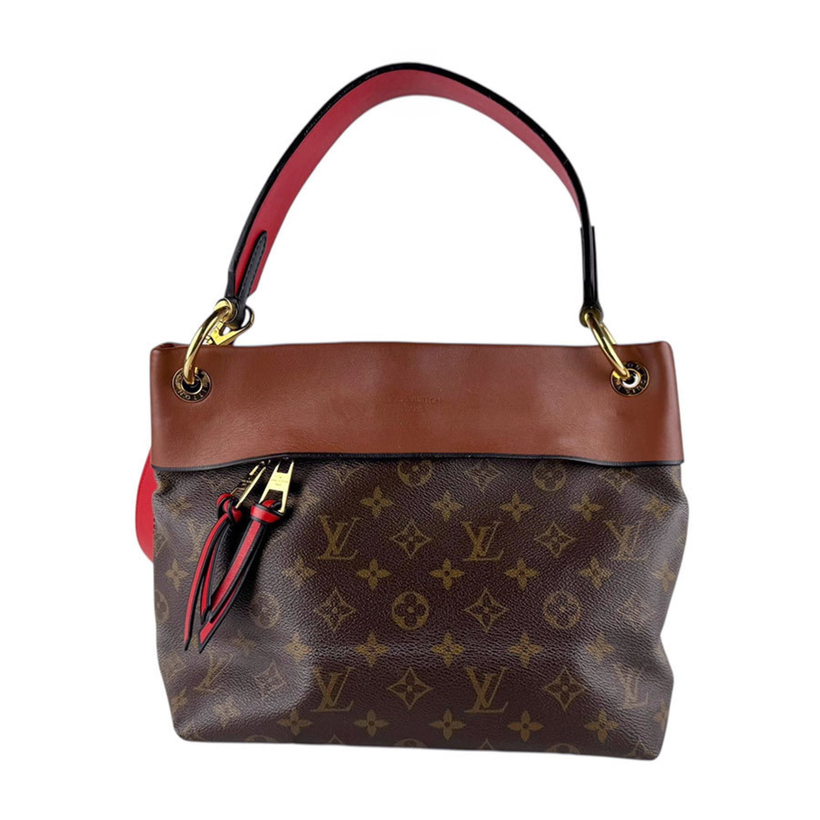 Monogram Louis Vuitton Handbag Shoulder: Monogram Louis Vuitton Handbag Shoulder Monogram Louis Vuitton Handbag Shoulder in Brown and Red. This shoulder bag features the iconic Monogram pattern and is made from high-quality materials. With i