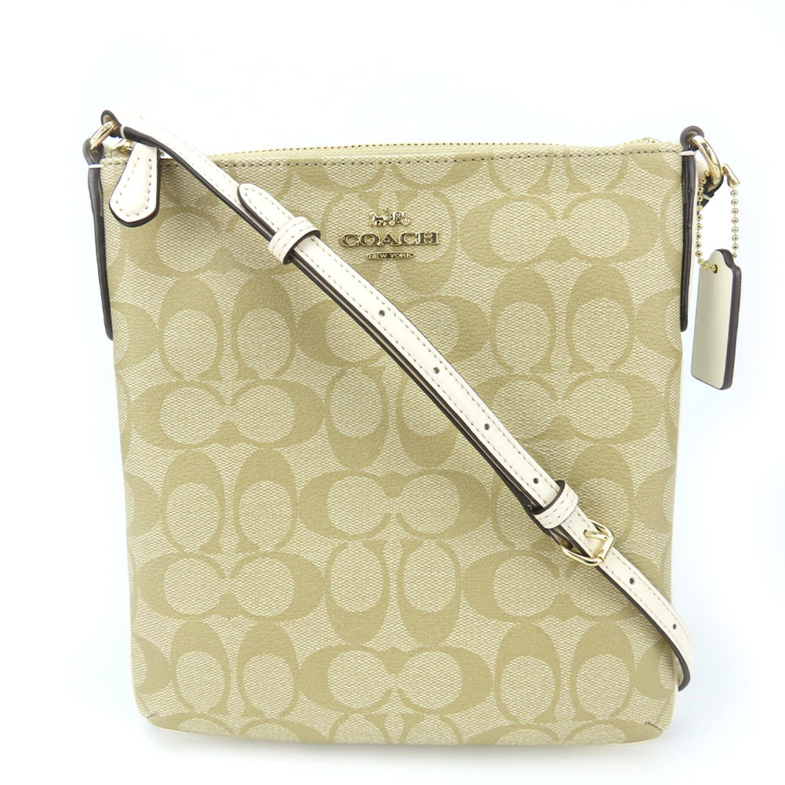 Coach PVC Leather Shoulder Bag: Coach PVC Leather Shoulder Bag Coach PVC Leather Shoulder Bag in Beige and White, featuring a casual design with a zipper closure and adjustable strap length of 105cm-125cm. Made from a combination