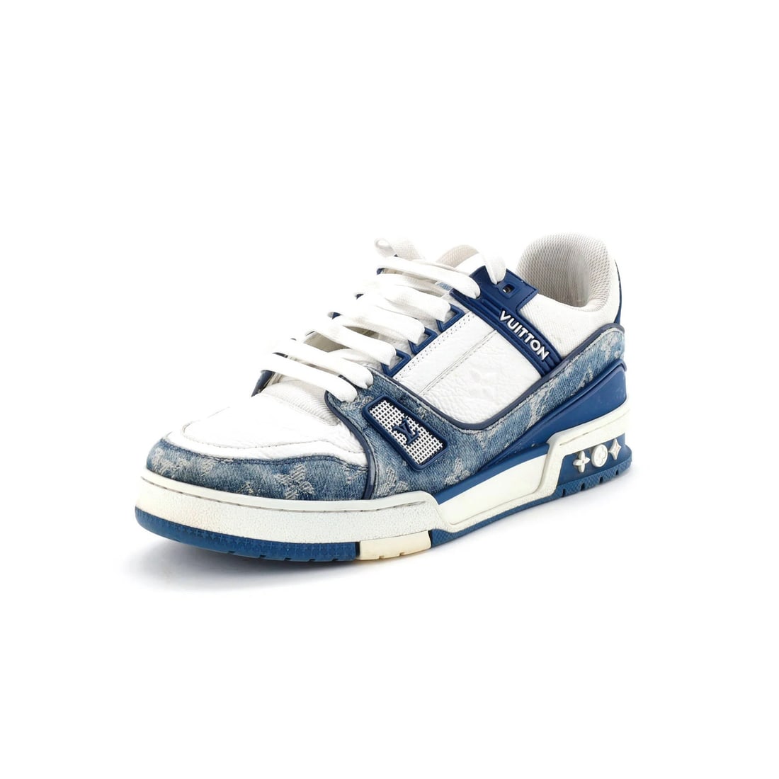 Men's Monogram Leather Trainer Sneakers Vuitton LV: Men's Monogram Leather Trainer Sneakers Vuitton LV Blue Monogram LV Trainer Sneakers with Denim and Leather Details. Featuring a unique blend of denim and monogram leather, these Vuitton sneakers show