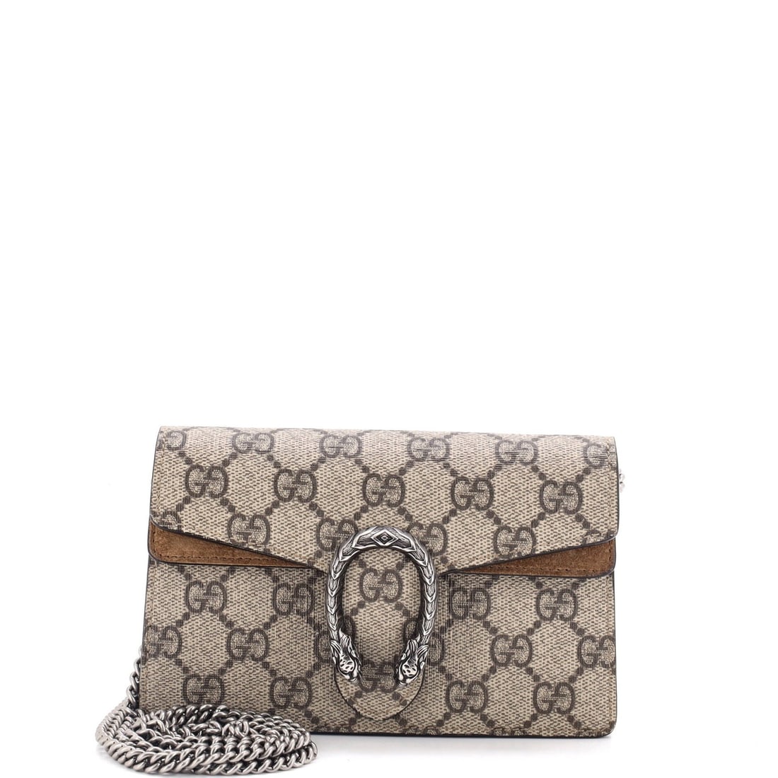 Coated Canvas GG Dionysus Super Mini Gucci Bag: Coated Canvas GG Dionysus Super Mini Gucci Bag Coated Canvas GG Dionysus Super Mini Gucci Bag features a brown canvas exterior with minor scuffs, cracking, and edge wear. The bag's neutral microfiber 