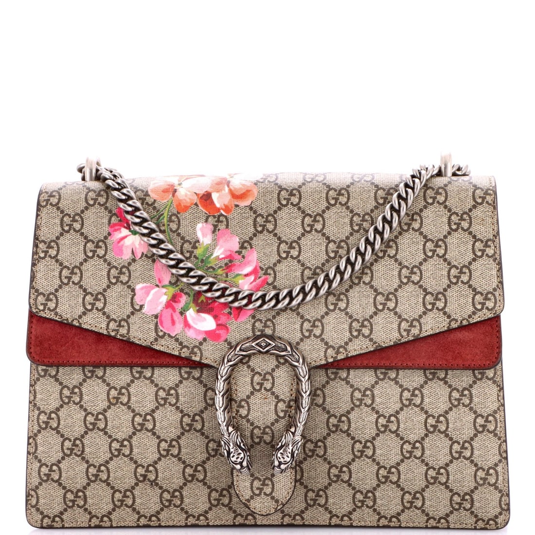 Gucci Dionysus Bag Blooms Print GG Coated Canvas Medium: Gucci Dionysus Bag Blooms Print GG Coated Canvas Medium Brown Gucci Dionysus Bag Blooms Print GG Coated Canvas Medium features a unique Blooms Print GG Coated canvas exterior in brown, with a suede