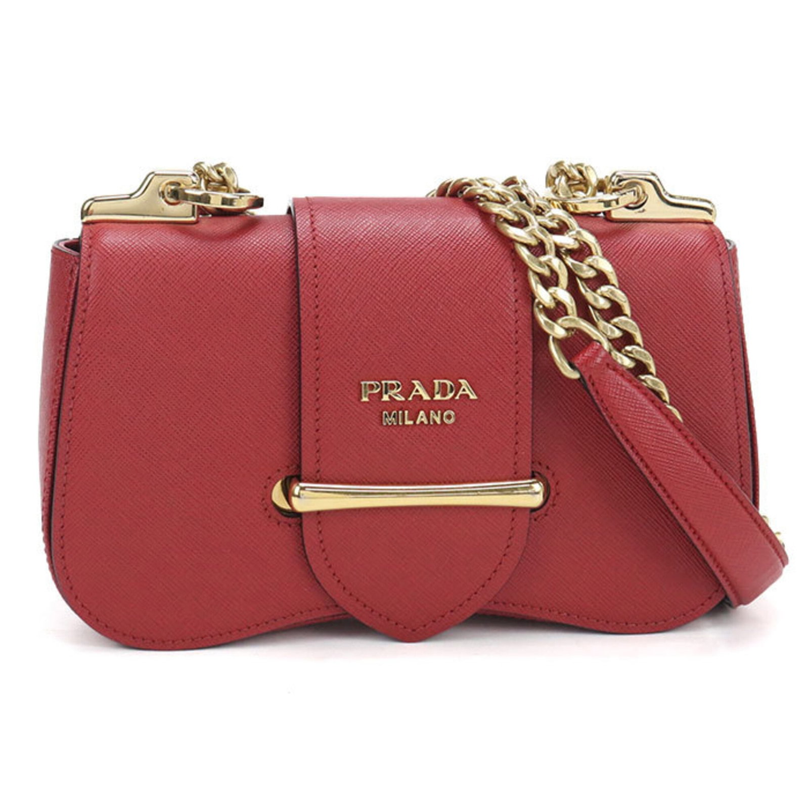 Shoulder Bag Leather Prada: Shoulder Bag Leather Prada This Prada Country shoulder bag is crafted from high-quality leather in a striking red color, adorned with gold hardware. Measuring 13cm x 22cm x 5.5cm, it features a classi