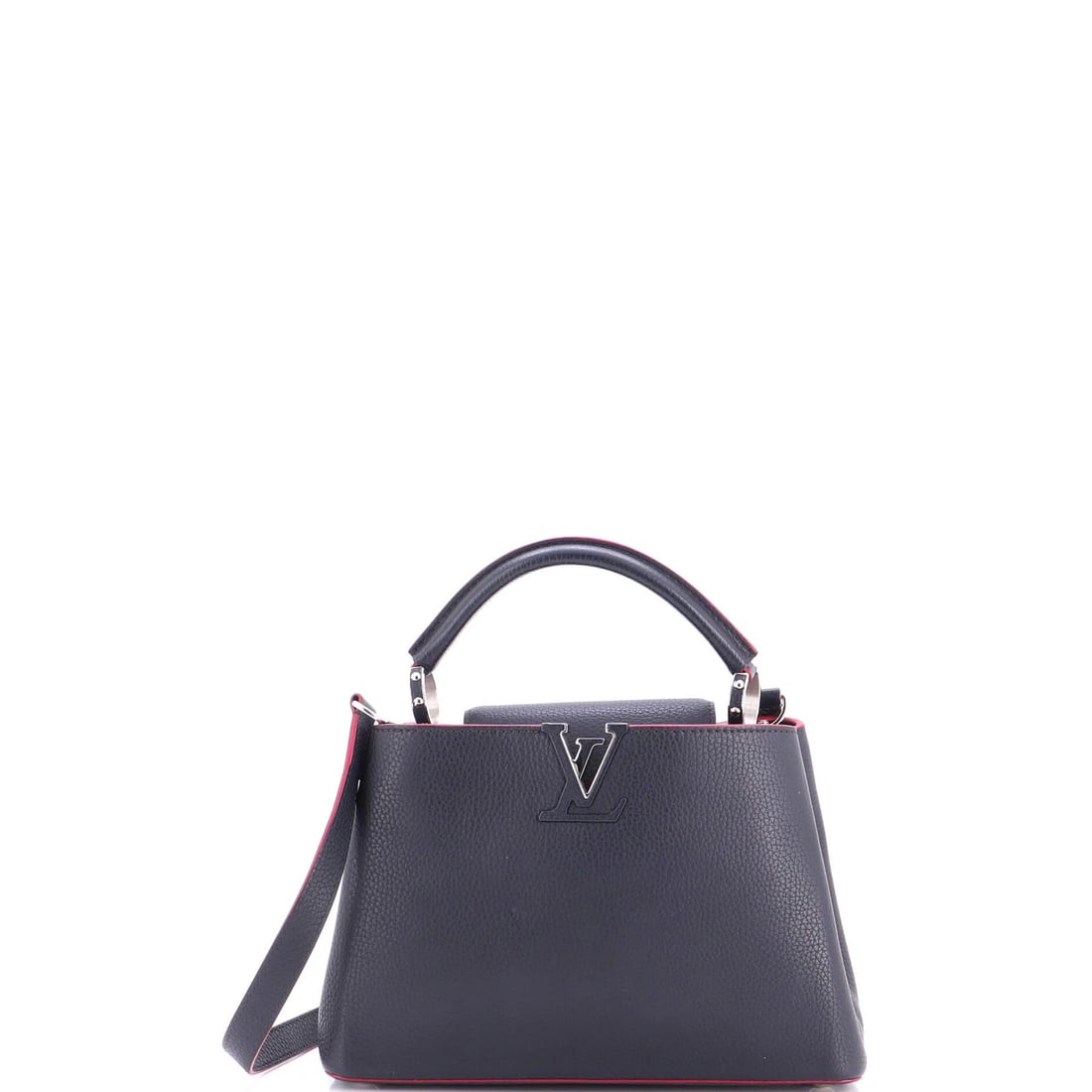 Louis Vuitton Capucines Bag Leather BB: Louis Vuitton Capucines Bag Leather BB Black Louis Vuitton Capucines Bag Leather BB with heavy cracking throughout, minor scuffs, and minor creases. This outlet bag features a classic top handle