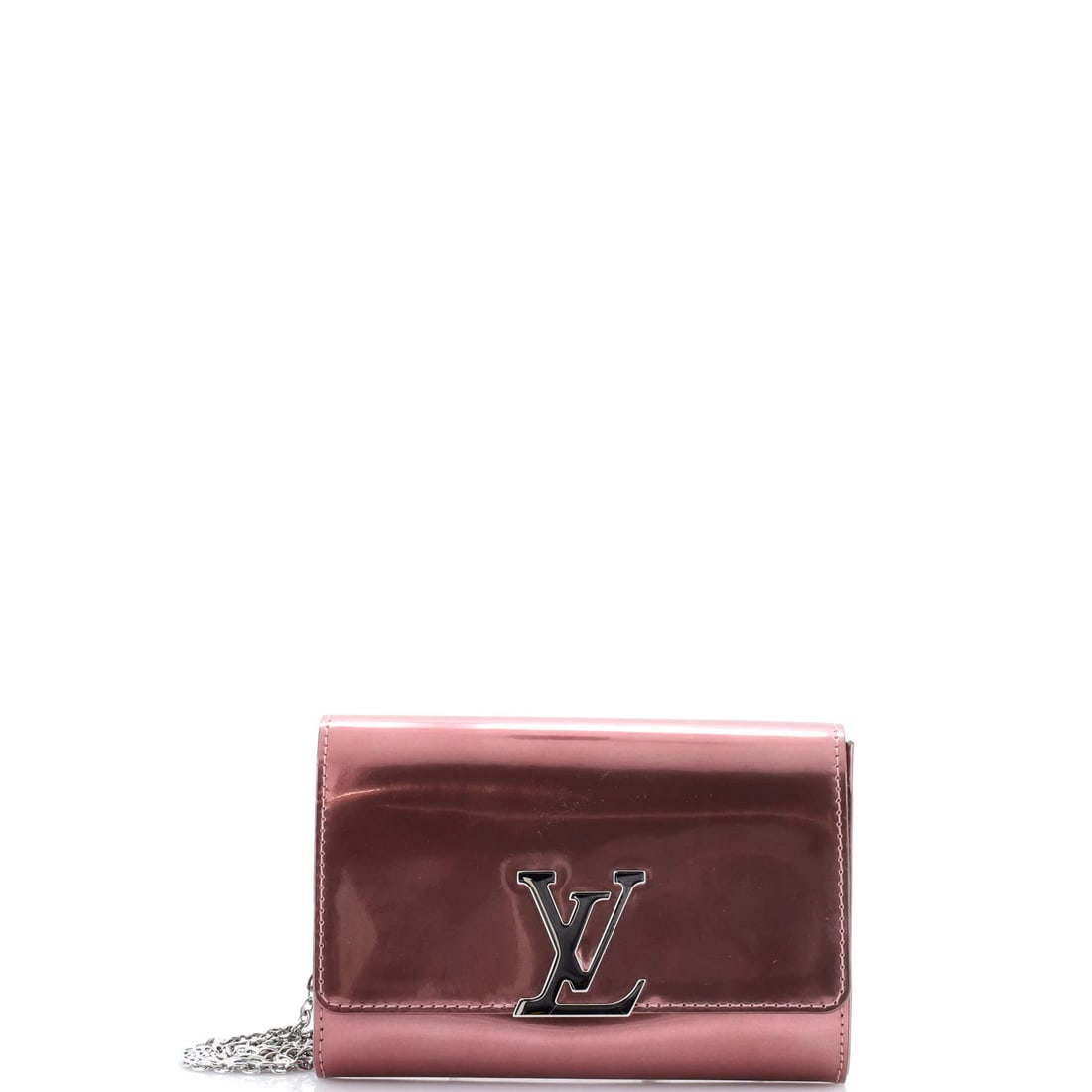Patent Chain Louise Vuitton Louis GM Clutch: Patent Chain Louise Vuitton Louis GM Clutch Pink patent leather Chain Louise Vuitton clutch with silver hardware, featuring a 12" handle drop and 15" strap drop. This great condition clutch has minor