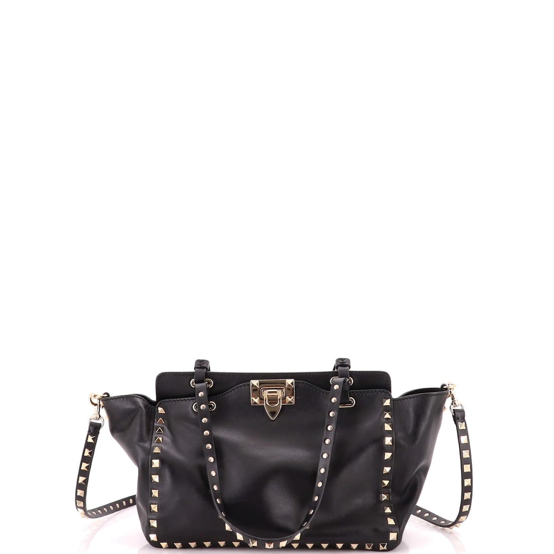 Rockstud Tote Leather Small Soft Valentino Garavani: Rockstud Tote Leather Small Soft Valentino Garavani Soft and stylish, this Rockstud Tote Leather Small Soft Valentino Garavani features a sleek black exterior with gold tone hardware. Measuring 7.5"