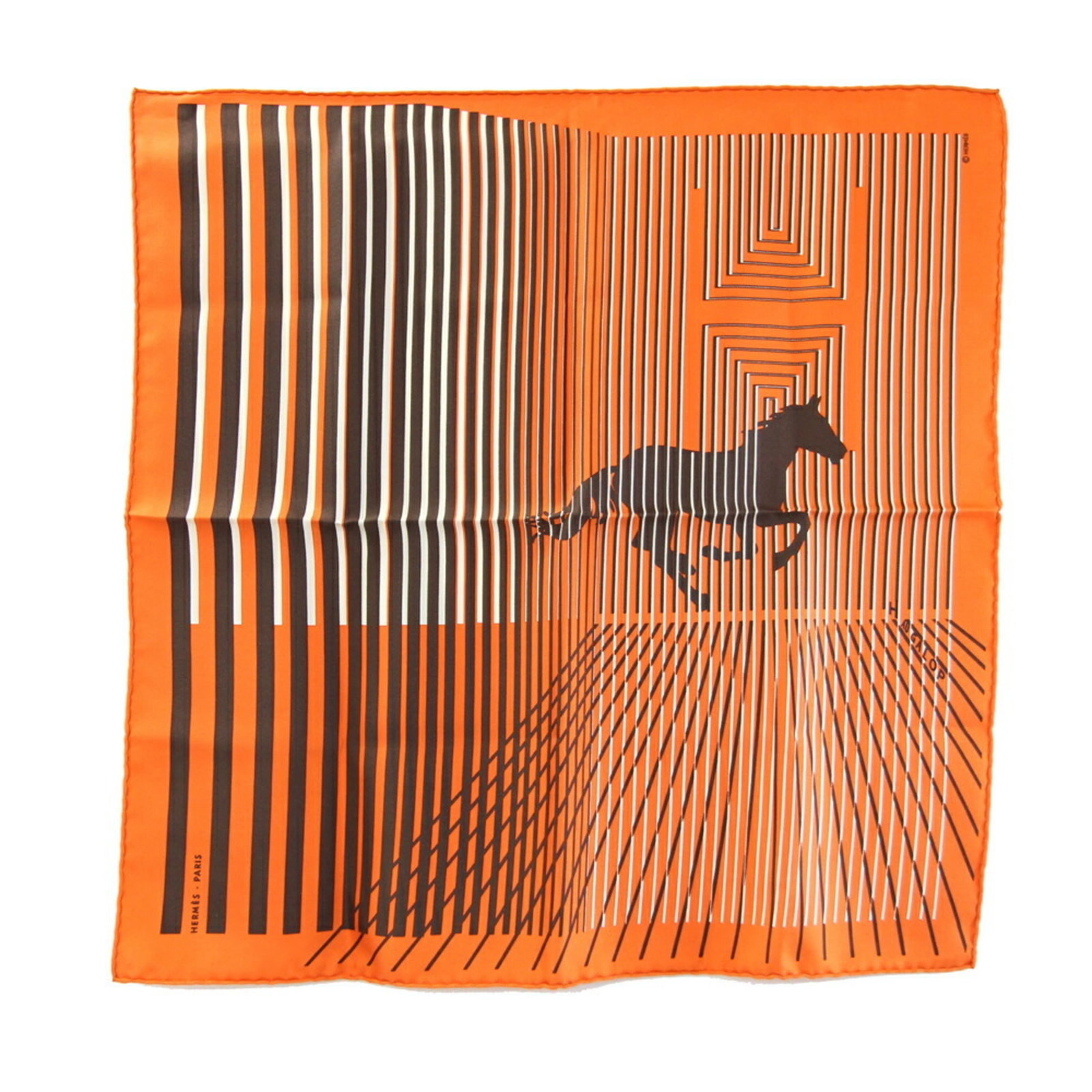 Silk Hermes Scarf: Silk Hermes Scarf Silk from France, this 42.5cm x 42cm orange scarf is made from high-quality silk material. The scarf features a vibrant orange color and is a classic example of a Hermes scarf, beari