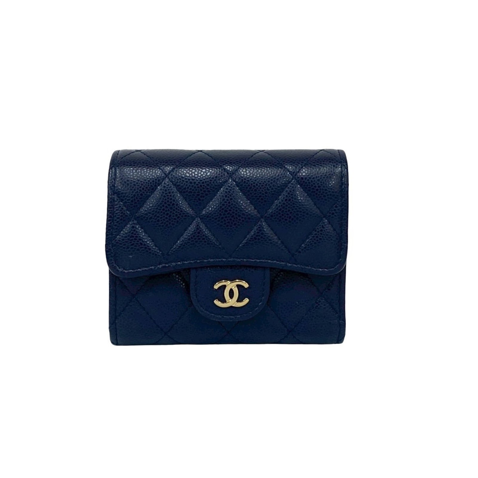 Chanel Wallet (Tri-Fold) Grained Calfskin: Chanel Wallet (Tri-Fold) Grained Calfskin Navy Grained Calfskin Tri-Fold Wallet from Chanel, complete with a luxurious box and dust bag for storage, offers a sophisticated and elegant accessory for