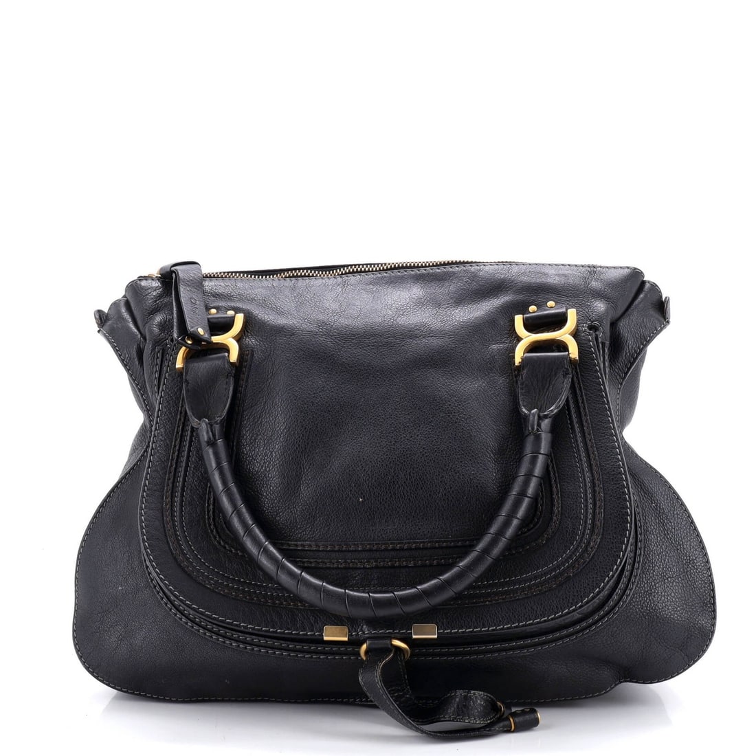 Large Leather Chloe Marcie Shoulder Bag: Large Leather Chloe Marcie Shoulder Bag Large Leather Chloe Marcie Shoulder Bag in Black with Green Interior, featuring a classic design with scuffs, creases, and cracking, and a moderate odor. The