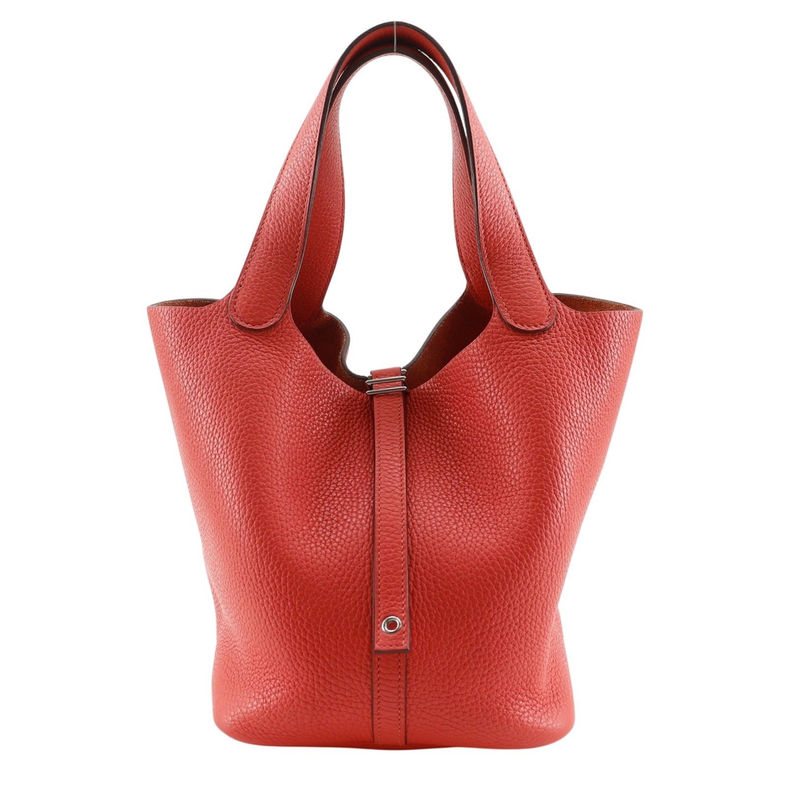 Clemence Leather Handbag Taurillon Hermes: Clemence Leather Handbag Taurillon Hermes Taurillon clemence leather handbag from the Hermes Picotin line, featuring a striking pink color and a sleek design. Measuring 21cm x 22cm x 17cm, this bag