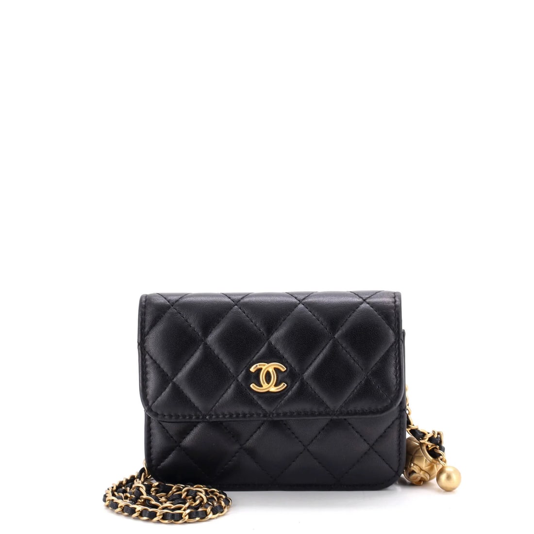 Pearl Crush Flap Clutch with Chain Quilted Lambskin: Pearl Crush Flap Clutch with Chain Quilted Lambskin The Pearl Crush Flap Clutch with Chain Quilted Lambskin is a sleek, mini cross body bag featuring a quilted lambskin exterior in black leather. A