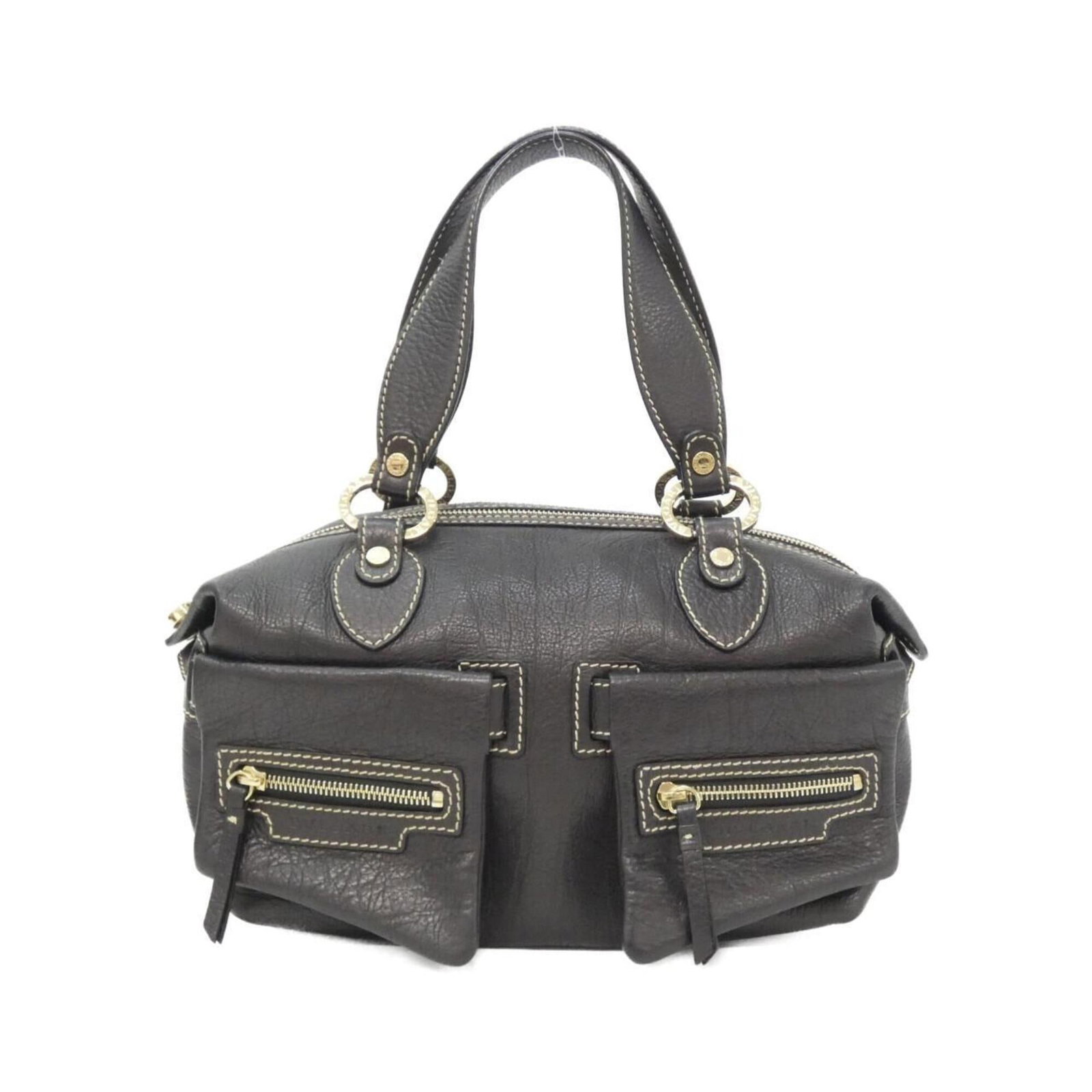 Handbag Leather Bvlgari: Handbag Leather Bvlgari Black leather Bvlgari handbag with gold hardware, measuring 19cm x 27cm x 13cm and weighing 730g. The bag features a 41cm long gold handle, making it a stylish and functional