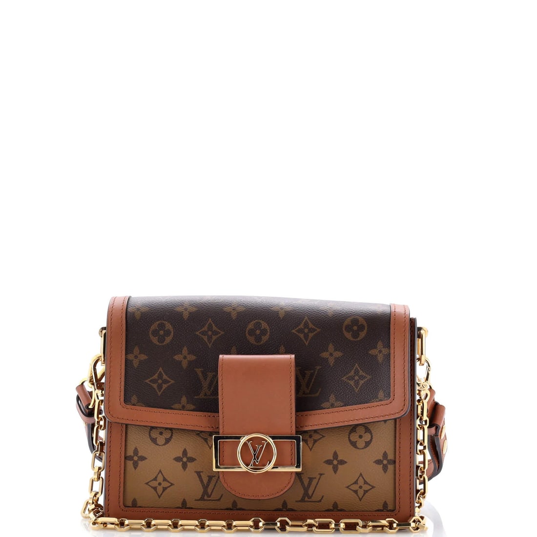 Vuitton Louis Monogram Dauphine Reverse Shoulder Bag Canvas MM: Vuitton Louis Monogram Dauphine Reverse Shoulder Bag Canvas MM The Louis Vuitton Dauphine Reverse Shoulder Bag Canvas MM boasts a unique reverse shoulder design and a classic brown color, making it a