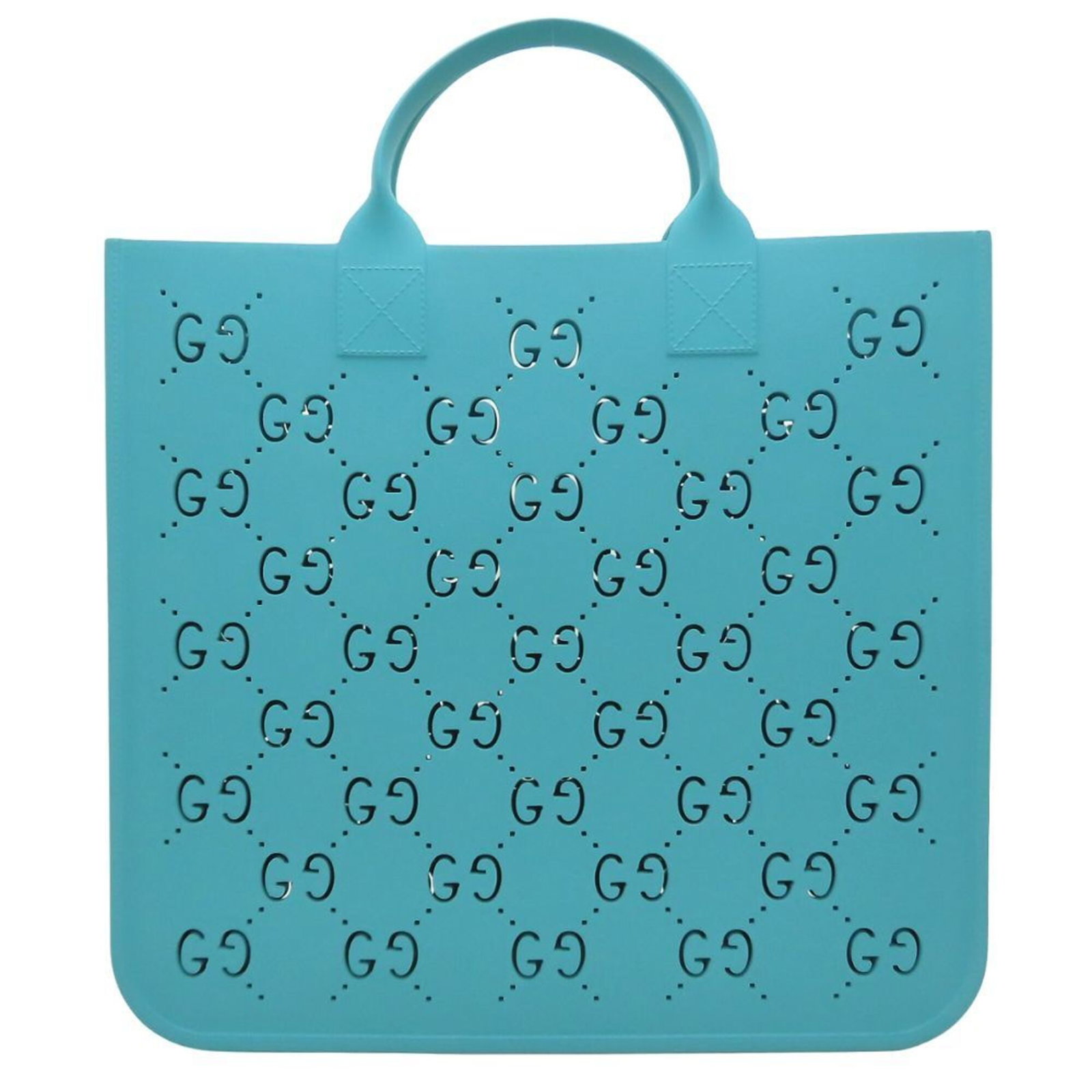 Rubber Gucci Tote Bag: Rubber Gucci Tote Bag Light blue rubber Gucci tote bag with open closure, measuring 30cm x 33cm x 8cm. This unique tote bag features a distinctive rubber material and a striking light blue color. Its