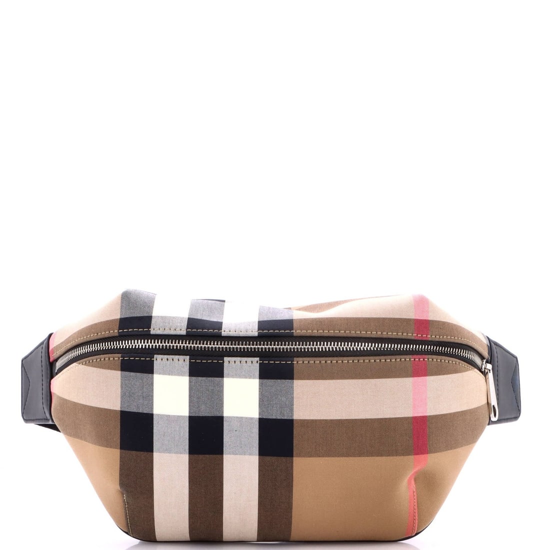 House Sonny Belt Canvas Burberry Check: House Sonny Belt Canvas Burberry Check Brown canvas House Sonny Belt bag with Burberry check design, featuring minor stains and creases on the exterior and a perfume odor inside. The bag measures 6"