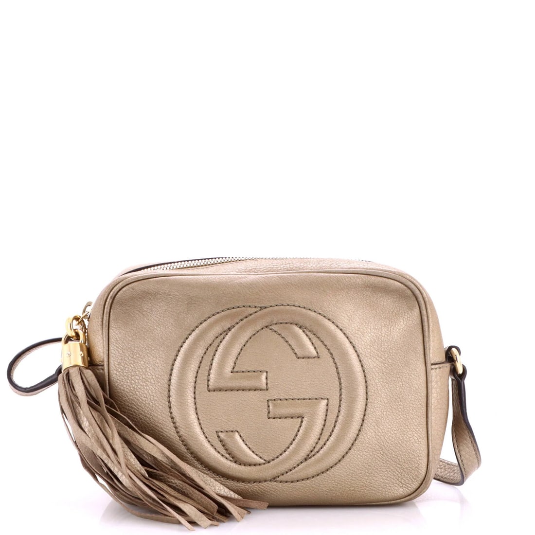 Small Leather Crossbody Disco Soho Gucci Bag: Small Leather Crossbody Disco Soho Gucci Bag Small Leather Crossbody Disco Soho Gucci Bag features a gold exterior with a neutral canvas interior, adorned with gold hardware. This stylish small bag