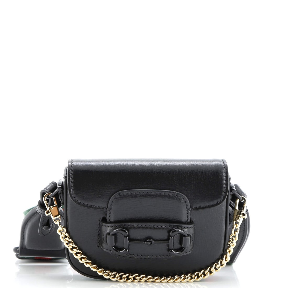 Horsebit Wallet Strap Leather with Gucci 1955 Flap: Horsebit Wallet Strap Leather with Gucci 1955 Flap The Horsebit 1955 Flap Wallet with Strap Leather from Gucci boasts a sleek black exterior with subtle creases and minor scuffs, adding a touch of