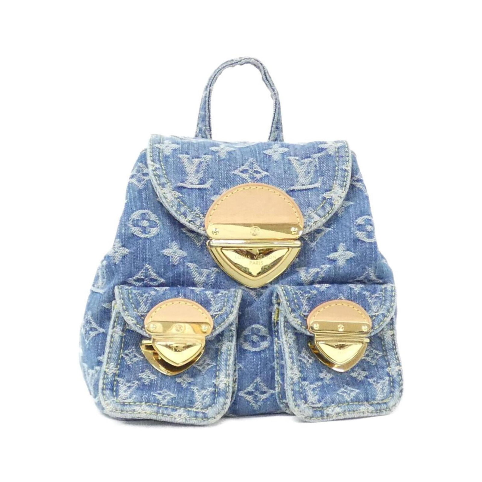 Vuitton Louis Backpack Denim: Vuitton Louis Backpack Denim Denim backpack with gold hardware from Louis Vuitton, featuring a classic blue color. Made from durable denim material, this backpack measures 26cm x 24cm x 7cm. A
