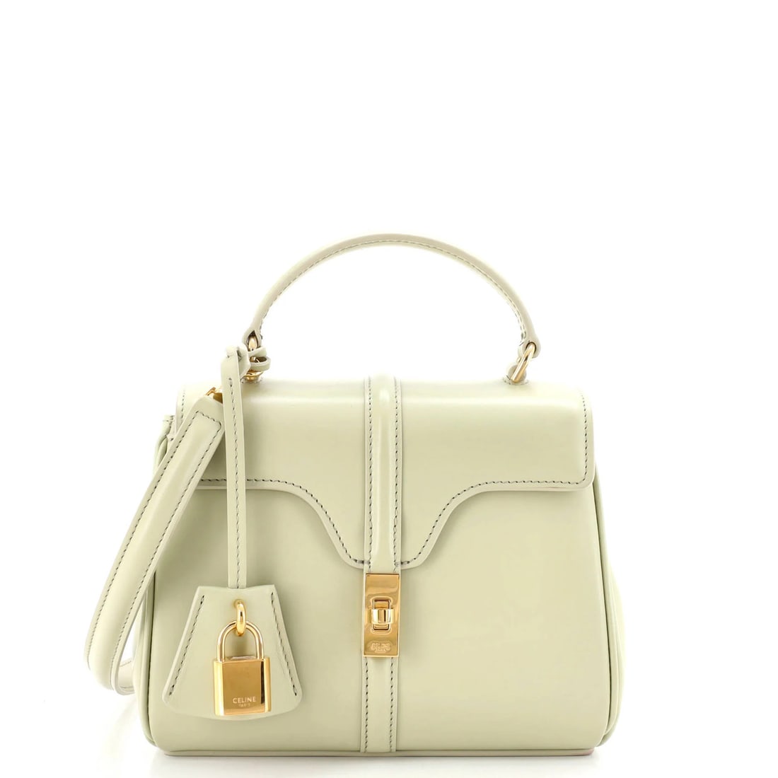 Smooth Calfskin Mini Top 16 Handle Celine Bag: Smooth Calfskin Mini Top 16 Handle Celine Bag Smooth Calfskin Mini Top 16 Handle Celine Bag in Green, featuring a classic top handle design and premium leather exterior, with minor corner wear and