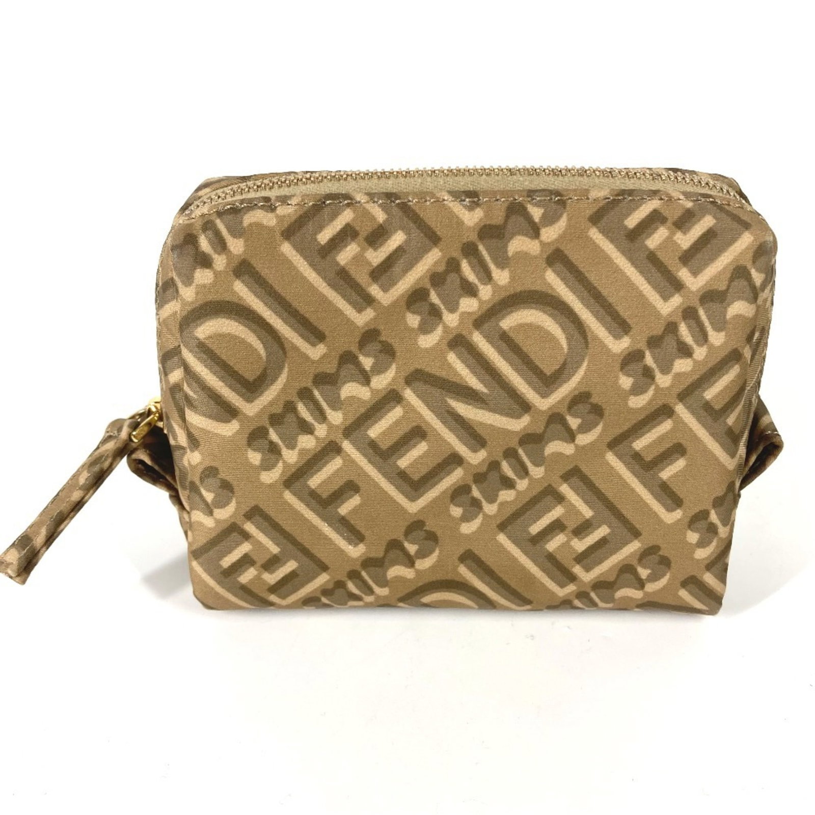 Pouch Nylon by Fendi: Pouch Nylon by Fendi Pouch Nylon by Fendi is a stylish and compact accessory made from high-quality nylon material. This beige-colored pouch measures 8.5cm x 11cm and comes with a dust bag for added