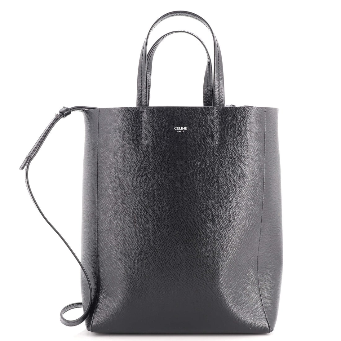 Calfskin Grained Tote Vertical Small Cabas Celine: Calfskin Grained Tote Vertical Small Cabas Celine Small Vertical Cabas Tote with Grained Calfskin Exterior in Black, featuring a classic design with minor creases and corner wear, and a silver-toned