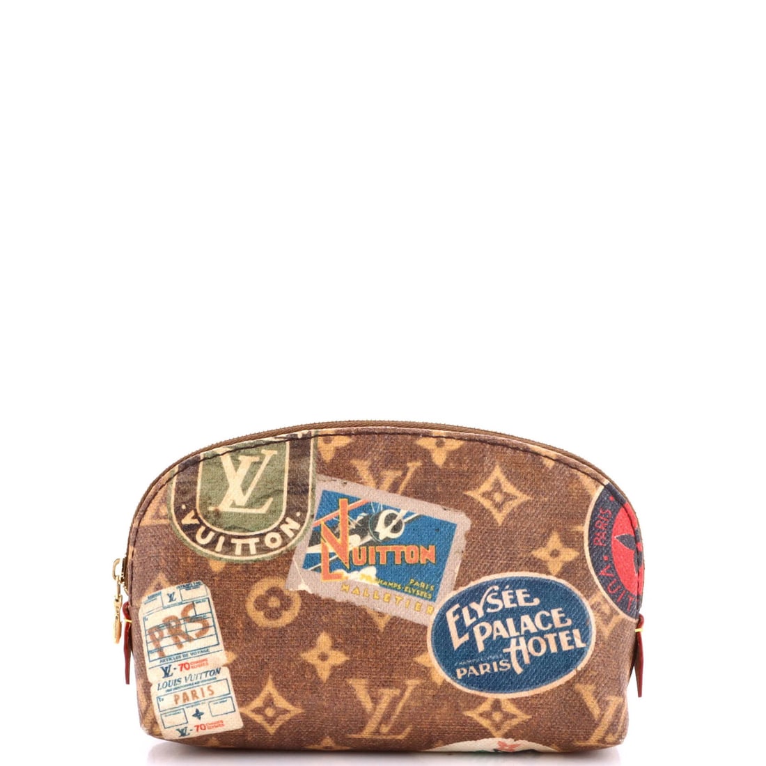 Limited Edition Vintage Stickers Monogram Canvas Louis Vuitton Cosmetic Pouch: Limited Edition Vintage Stickers Monogram Canvas Louis Vuitton Cosmetic Pouch Brown canvas coated exterior with limited edition vintage stickers and the iconic Louis Vuitton monogram print. This small