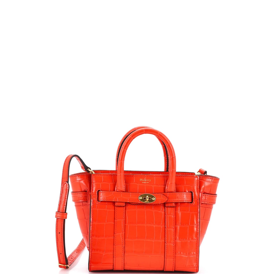 Crocodile Embossed Leather Micro Tote Zipped Mulberry Bayswater: Crocodile Embossed Leather Micro Tote Zipped Mulberry Bayswater Crocodile embossed leather adds a touch of luxury to this vibrant red Mulberry Bayswater micro tote. The zipped exterior and suede