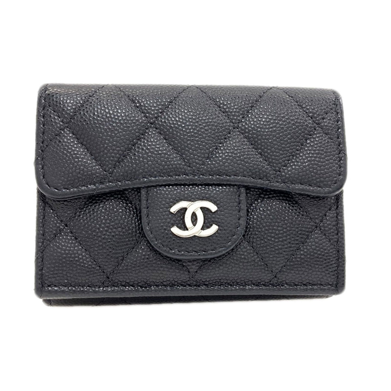 Chanel Wallet (Tri-Fold) Leather: Chanel Wallet (Tri-Fold) Leather Tri-fold leather wallet from the iconic Chanel brand, crafted from high-quality calfskin leather in a sleek black finish. The classic matelasse design adds a touch of 