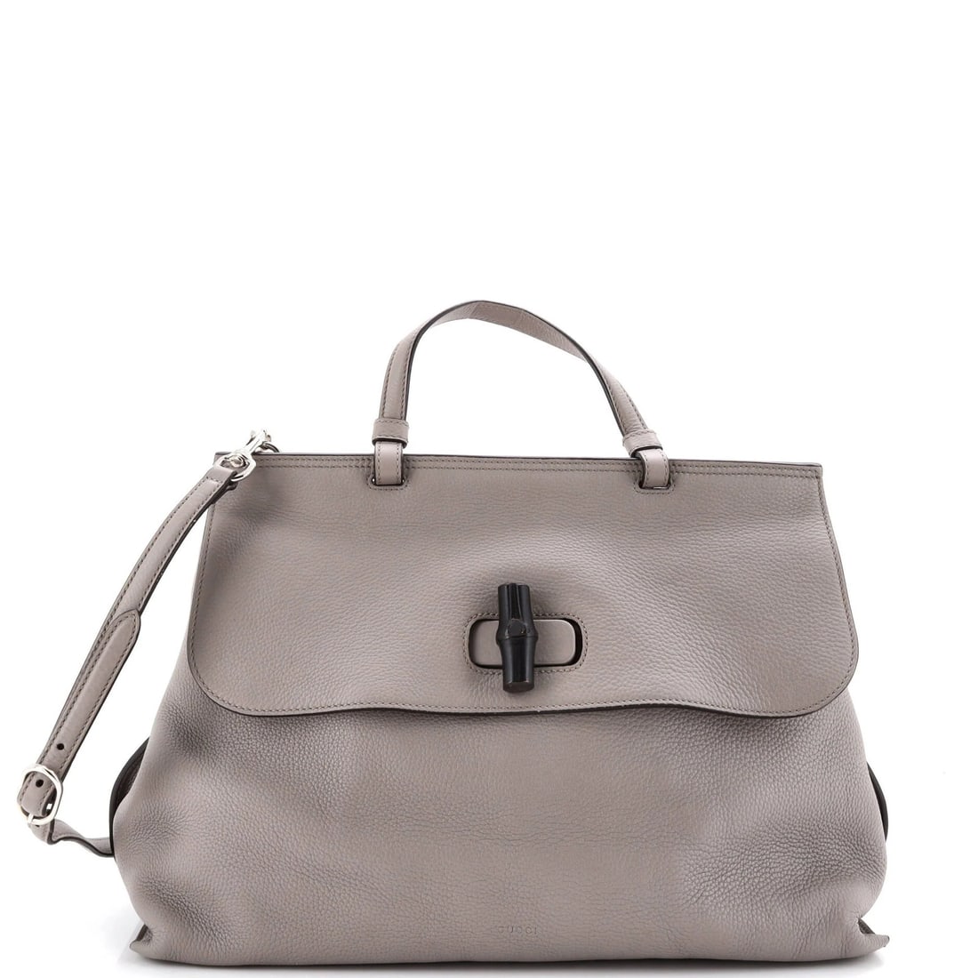 Bamboo leather large daily top Gucci bag: Bamboo leather large daily top Gucci bag Bamboo leather Gucci bag in large size with top handle, featuring gray exterior and neutral/pink interior, and silver hardware. The bag has a classic design