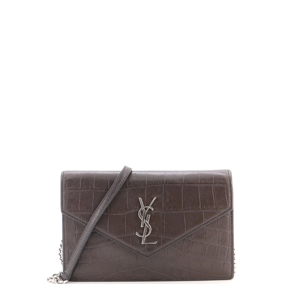 Saint Laurent Classic Monogram Wallet on Chain Crocodile Embossed Leather Small: Saint Laurent Classic Monogram Wallet on Chain Crocodile Embossed Leather Small Small Saint Laurent Classic Monogram Wallet on Chain Crocodile Embossed Leather. This brown leather cross body bag featu