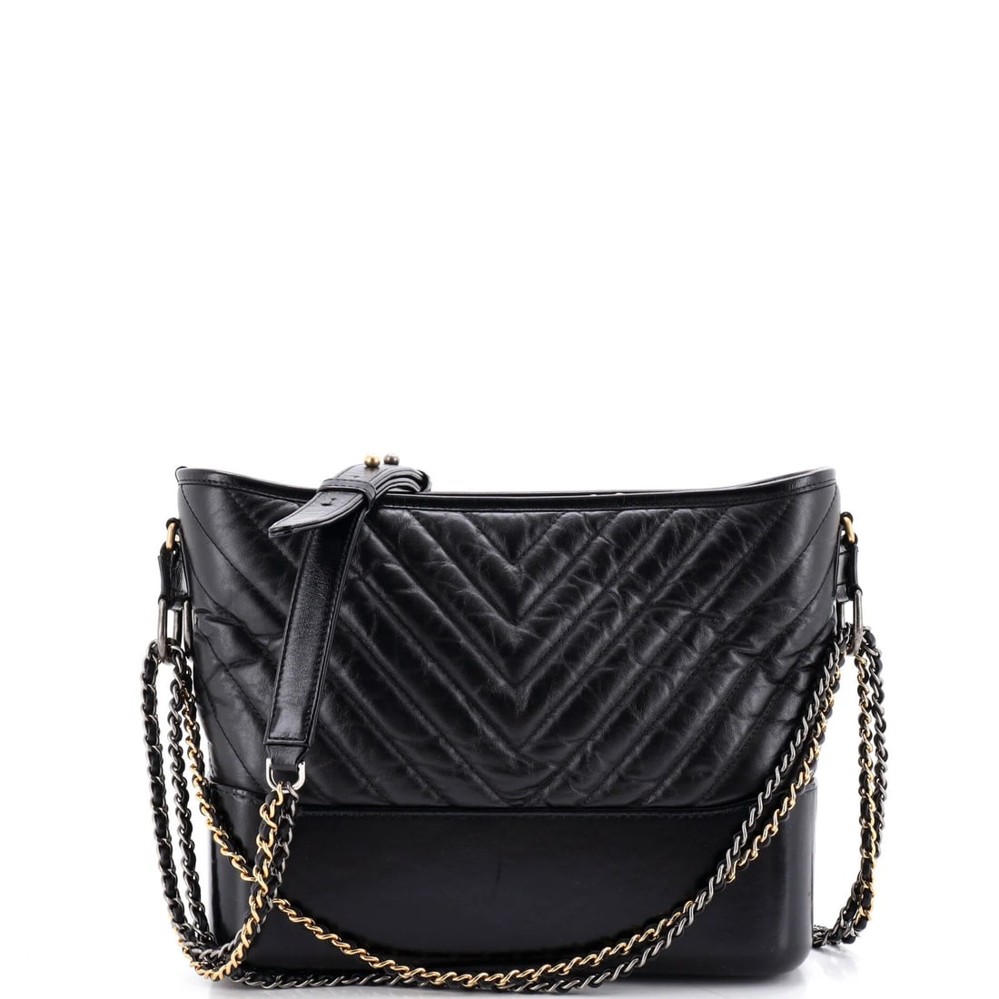 Calfskin Aged Medium Chanel Chevron Hobo Gabrielle: Calfskin Aged Medium Chanel Chevron Hobo Gabrielle Calfskin Aged Medium Chanel Chevron Hobo Gabrielle in black, featuring a classic chevron design and aged calfskin exterior with minor scuffs and crea