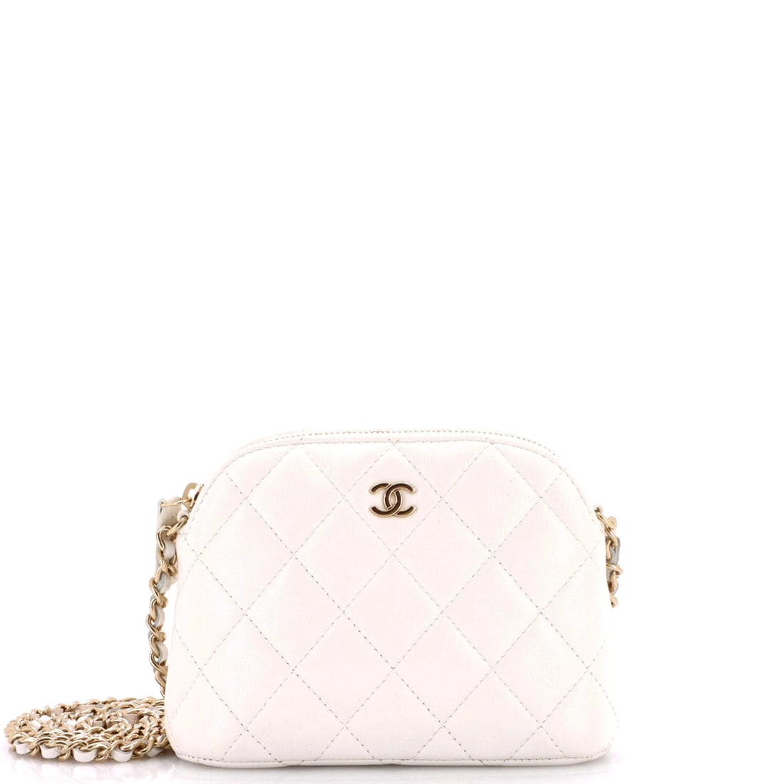 Zip Quilted Caviar Dome Clutch with Chain Chanel: Zip Quilted Caviar Dome Clutch with Chain Chanel Zip Quilted Caviar Dome Clutch with Chain Chanel is a stylish mini cross body bag featuring a quilted caviar design on its exterior. Made from white le